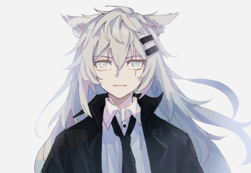 1girl, aling539, animal_ears, arknights, black_jacket, black_necktie, blue_eyes, bright_pupils