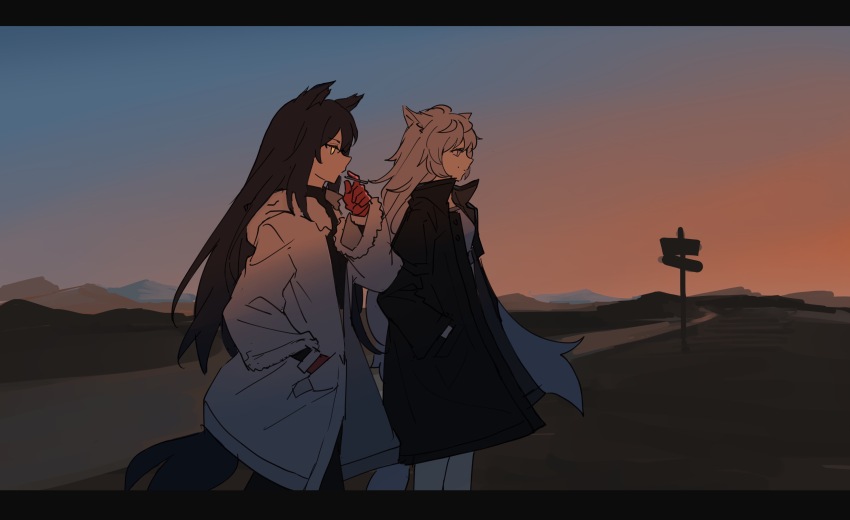 2girls, aling539, animal_ears, arknights, black_hair, black_jacket, black_tail, chinese_commentary