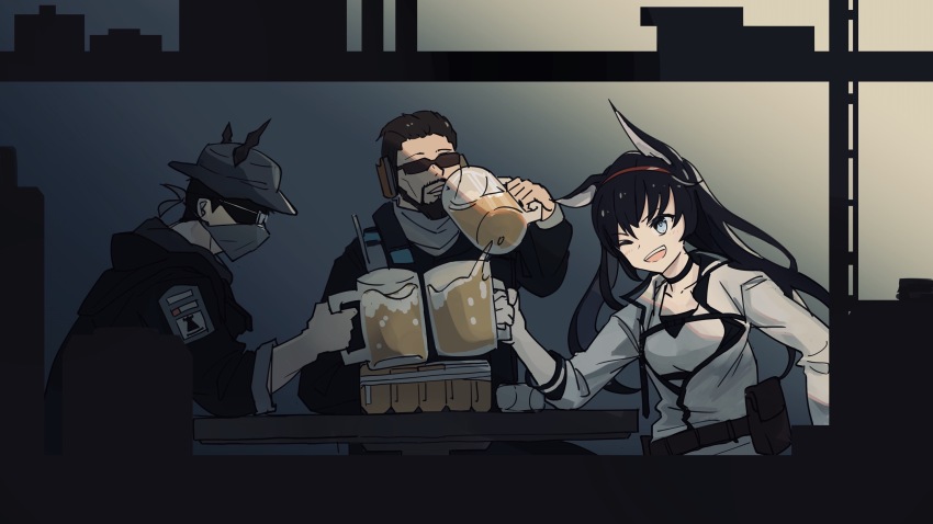 1girl, 2boys, ;d, ace_(arknights), alcohol, aling539, animal_ears, arknights