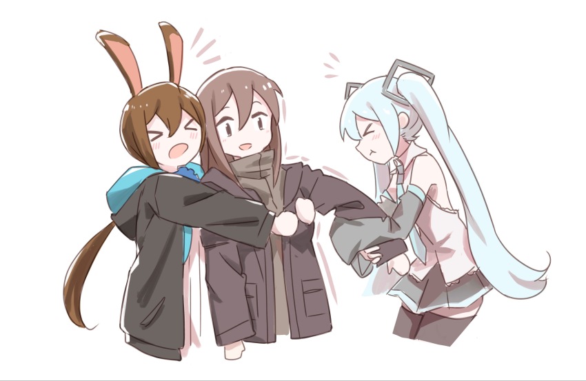 >_<, 3girls, aling539, amiya_(arknights), animal_ears, arknights, bare_shoulders, black_jacket