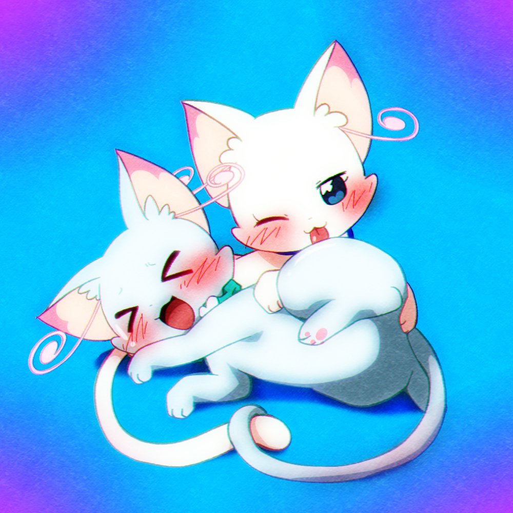 2girls, @est@, animalization, aqua_scrunchie, blue_eyes, blush, cat, grooming