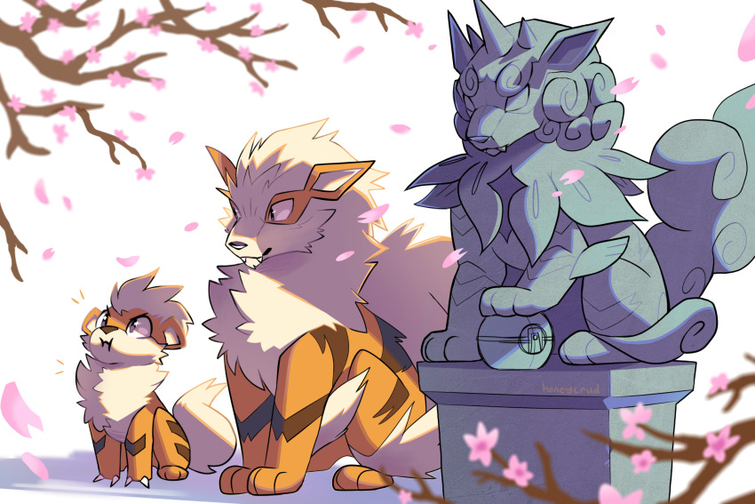 arcanine, cherry_blossoms, claws, evolutionary_line, fangs, gen_1_pokemon, growlithe, highres, hisuian_arcanine, kelpcheep, nintendo, no_humans, orange_fur, petals, pink_petals, pokemon, pokemon_(creature), pout, statue, striped_fur, tree, two-tone_fur, white_background, white_fur