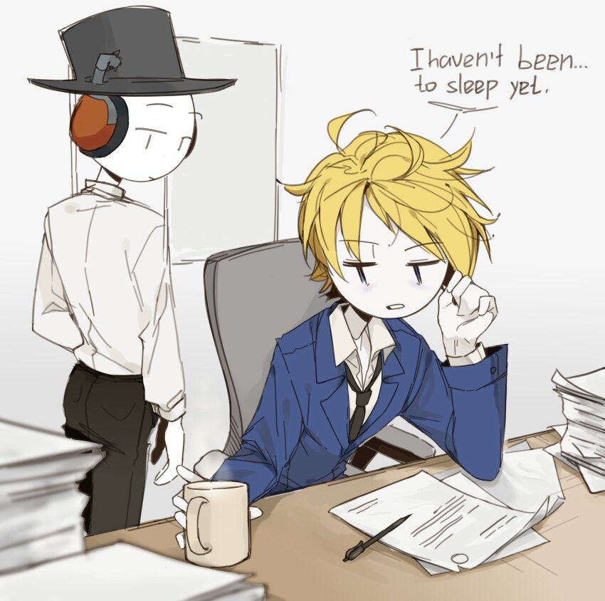 2boys, ahoge, arm_at_side, bald, black_hat, black_necktie, black_pants, blonde_hair, blue_jacket, burt_curtis, chair, closed_mouth, collared_shirt, colored_skin, cowboy_shot, cup, desk, english_text, from_behind, hand_up, hat, headphones, henry_stickmin_(series), highres, holding, holding_cup, indoors, jacket, lapels, long_sleeves, looking_at_another, looking_at_object, looking_back, male_focus, messy_hair, multiple_boys, necktie, niearerukanaa, no_nose, notched_lapels, one_eye_closed, open_door, pants, paper, parted_lips, pen, shirt, short_hair, sitting, speech_bubble, standing, suit_jacket, sven_svensson, top_hat, upper_body, white_shirt, white_skin