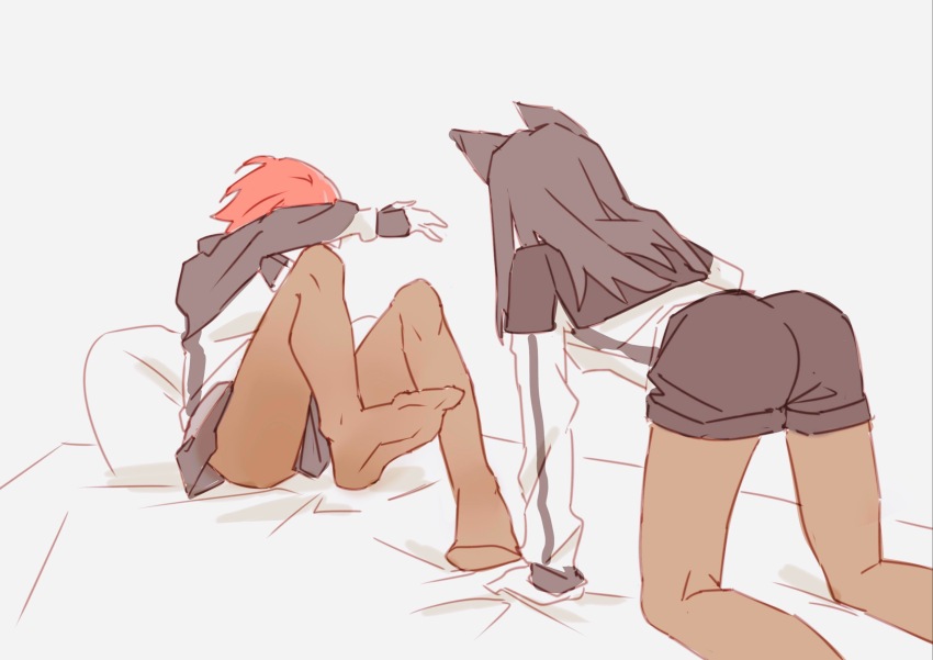 2girls, aling539, all_fours, animal_ears, arknights, ass, black_capelet, black_jacket