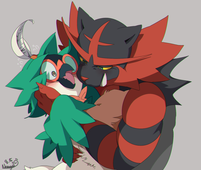 beak, black_fur, blush, colored_sclera, decidueye, feathers, gen_7_pokemon, green_eyes, grey_background, grey_eyes, hug, incineroar, looking_at_another, multicolored_fur, nekogaki_(nekogaki0324), nintendo, pokemon, pokemon_(creature), red_fur, signature, simple_background, tusks, upper_body, white_feathers, white_fur, yellow_sclera