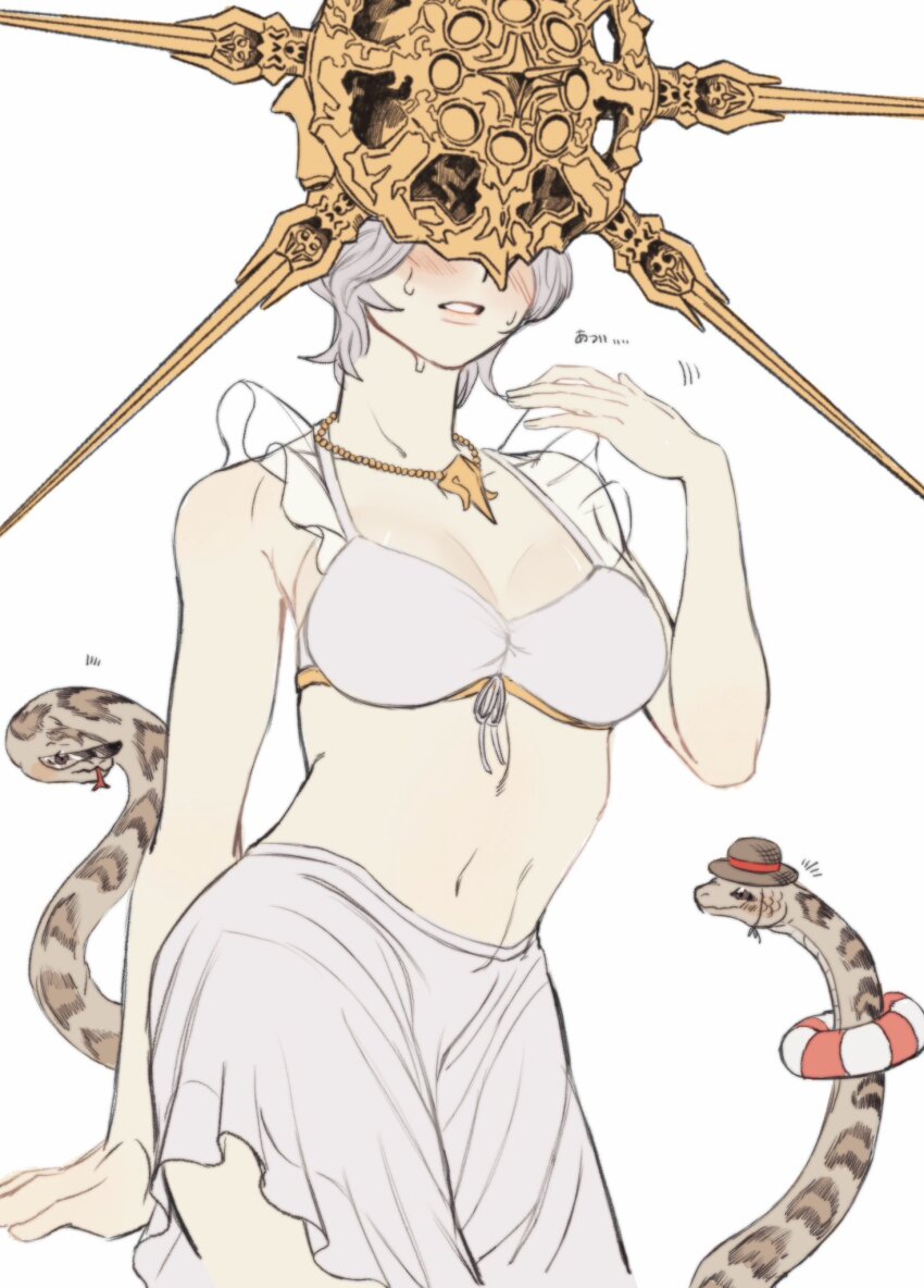 1boy, animal, bare_shoulders, bikini, blush, breasts, crossdressing, crossdressing_(mtf)