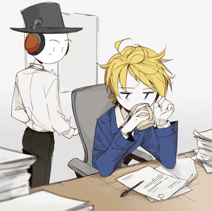 2boys, ahoge, bald, black_hat, black_necktie, black_pants, blonde_hair, blue_jacket