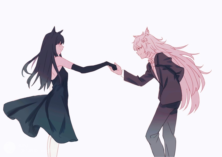 2girls, aling539, animal_ears, arknights, arm_behind_back, bare_shoulders, black_dress, black_gloves