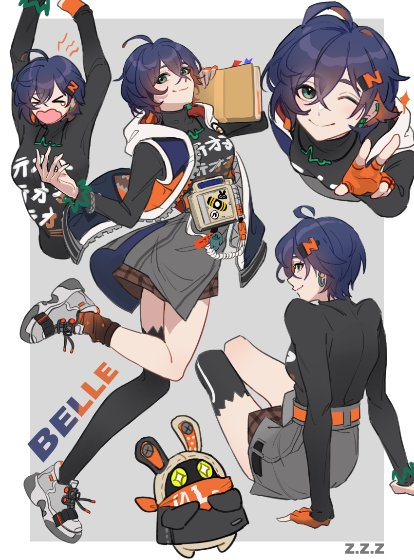 1girl, 625light, absurdres, belle_(zenless_zone_zero), black_shirt, blue_hair, crossed_bangs, green_eyes, hair_between_eyes, hair_ornament, highres, hood, jacket, long_sleeves, looking_at_viewer, multiple_views, open_clothes, open_mouth, shirt, short_hair, smile, tears, wavy_mouth, zenless_zone_zero