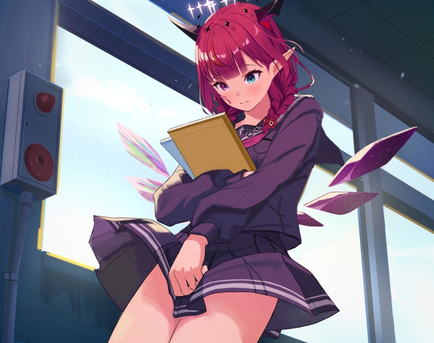 1girl, asymmetrical_wings, black_shirt, black_skirt, black_wings, blue_eyes, braid, commentary