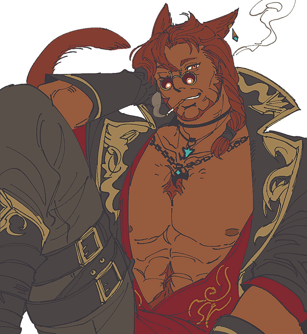 1boy, animal_ears, bara, bare_pectorals, beard, belt, brown_hair, cat_boy