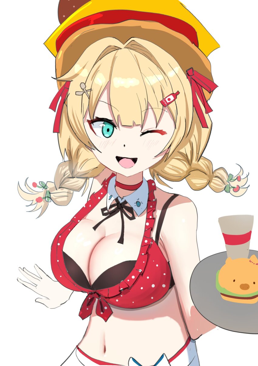 1girl, akai_haato, akai_haato_(waitress), angelchama, blonde_hair, blue_eyes, braid, breasts