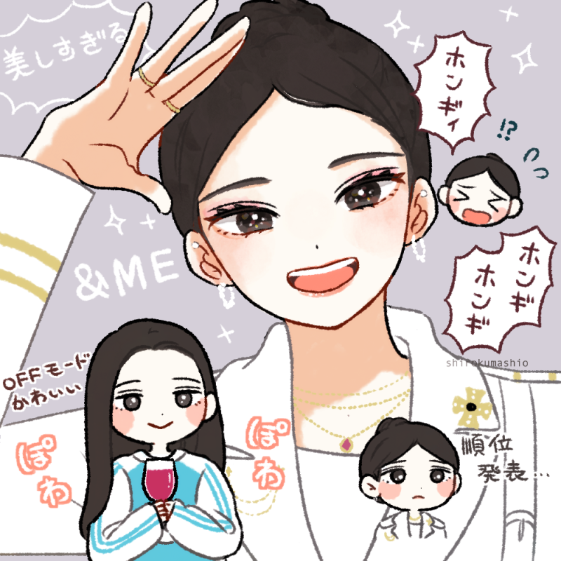 !?, >_<, 1girl, animification, artist_name, black_eyes, black_hair, blue_sweater, blush, character_name, cup, drinking_glass, earrings, holding, holding_cup, jacket, jewelry, looking_at_viewer, me:i, multiple_rings, necklace, open_hand, open_mouth, parted_bangs, real_life, ring, sakurai_miu, shading_eyes, shirokuma_shio, shirt, smile, surprised, sweater, translation_request, white_jacket, white_shirt, wine_glass