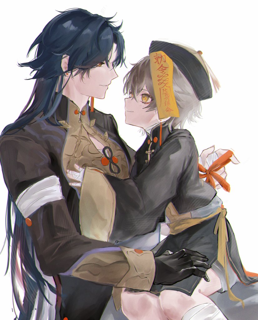 2boys, aged_down, alternate_costume, bandaged_hand, bandages, bandages_over_clothes, bandaid, bandaid_on_leg, black_coat, black_gloves, black_hat, black_ribbon, black_shirt, blade_(honkai:_star_rail), blue_hair, blush, caelus_(honkai:_star_rail), changpao, child, chinese_clothes, closed_mouth, coat, dark_blue_hair, earrings, gloves, grey_hair, grey_pants, grey_shorts, hair_between_eyes, hair_over_one_eye, hand_up, hands_up, hat, hat_ornament, honkai:_star_rail, honkai_(series), jewelry, long_hair, long_sleeves, looking_at_another, male_focus, mandarin_collar, multiple_boys, obore_tani, pants, red_eyes, ribbon, sarashi, shirt, short_hair, shorts, simple_background, single_earring, sitting, sitting_on_person, smile, talisman, tassel, tassel_earrings, teeth, trailblazer_(honkai:_star_rail), white_background, wide_sleeves, yellow_eyes