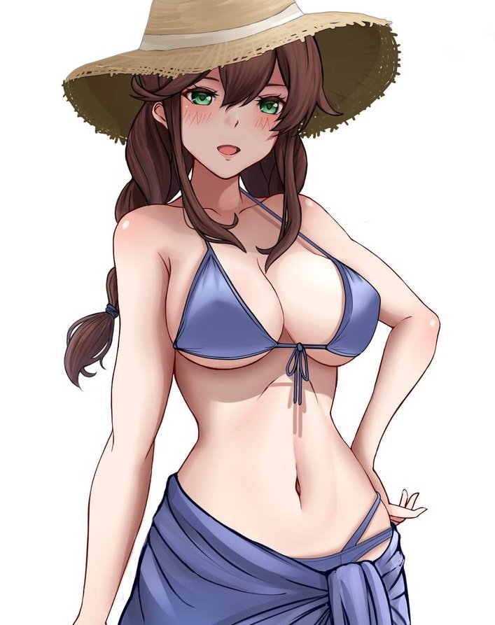 1girl, alternate_costume, bikini, blue_sarong, braid, breasts, brown_hat, front-tie_bikini_top