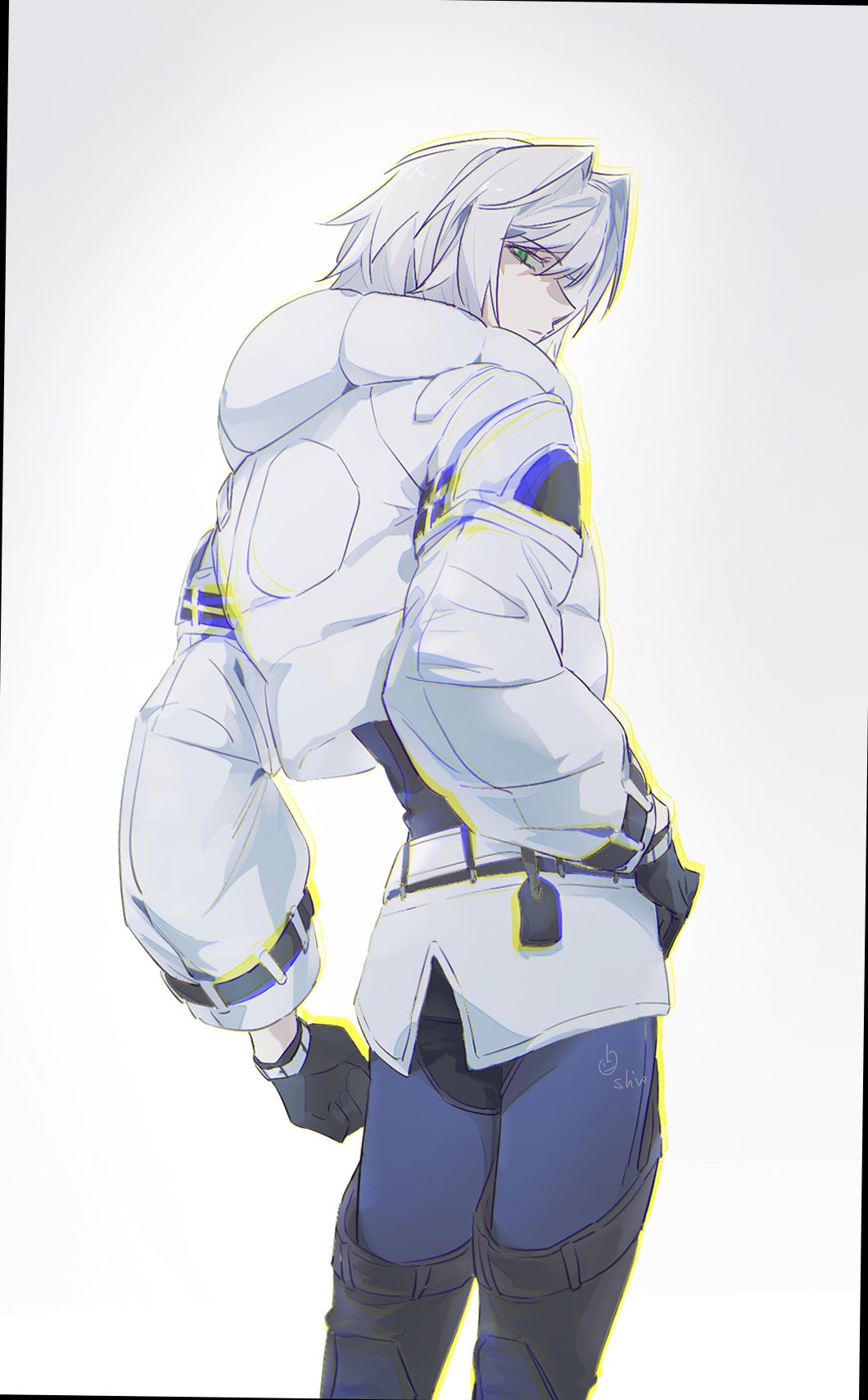 1boy, aqua_eyes, black_gloves, blue_pants, blue_wetsuit, cowboy_shot, cropped_jacket, final_fantasy