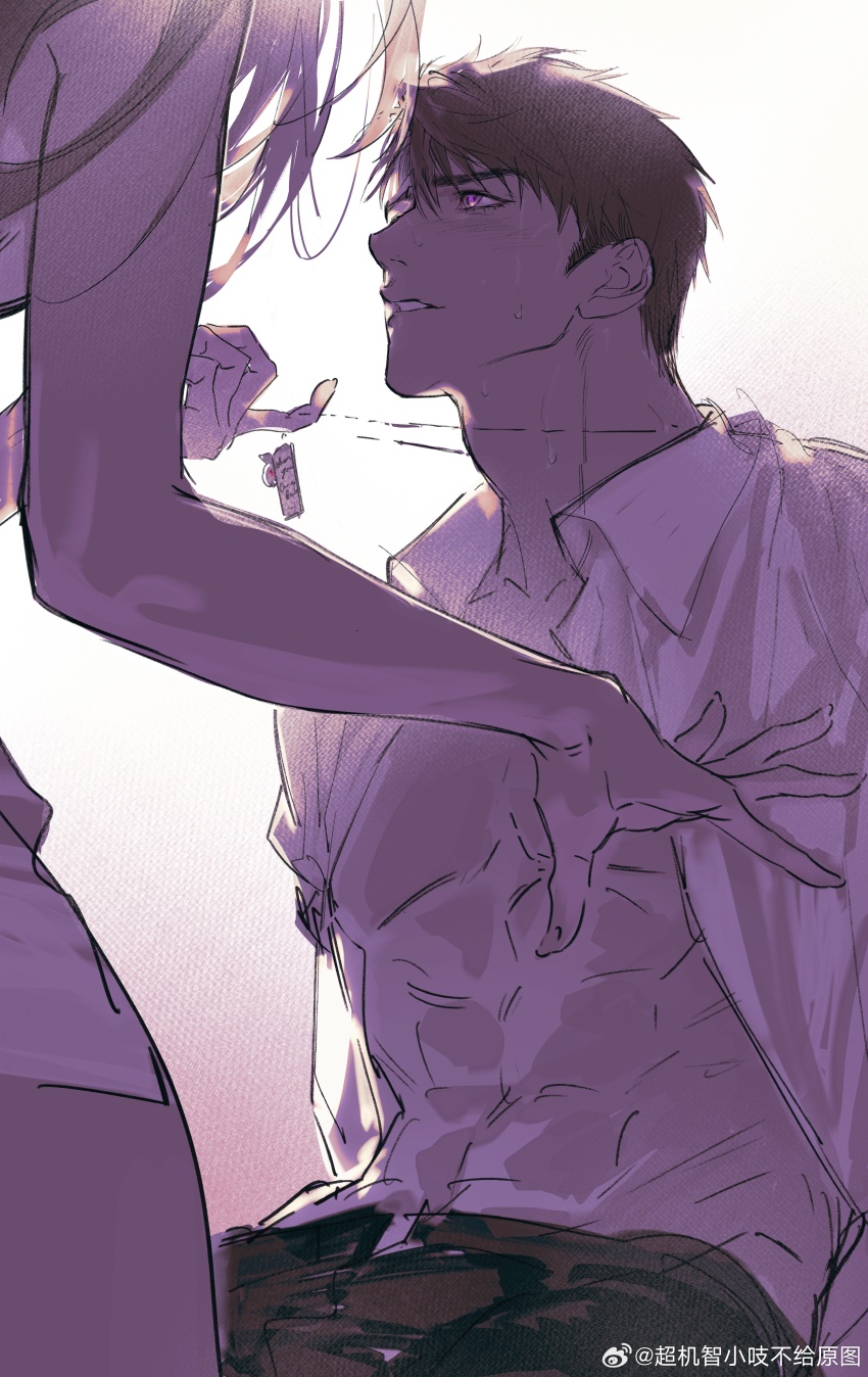 1boy, 1girl, abs, absurdres, bare_pectorals, black_pants, blush, brown_hair