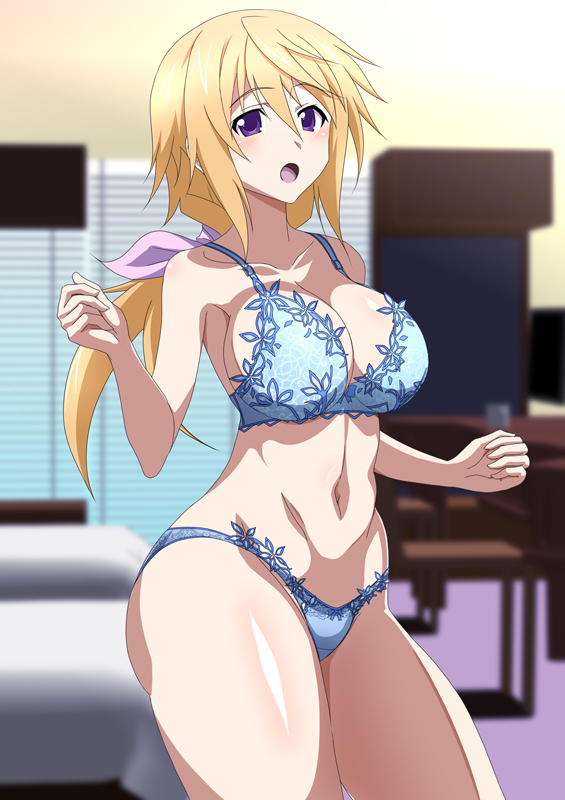 1girl, bedroom, blonde_hair, blue_bra, blue_panties, bra, breasts, charlotte_dunois