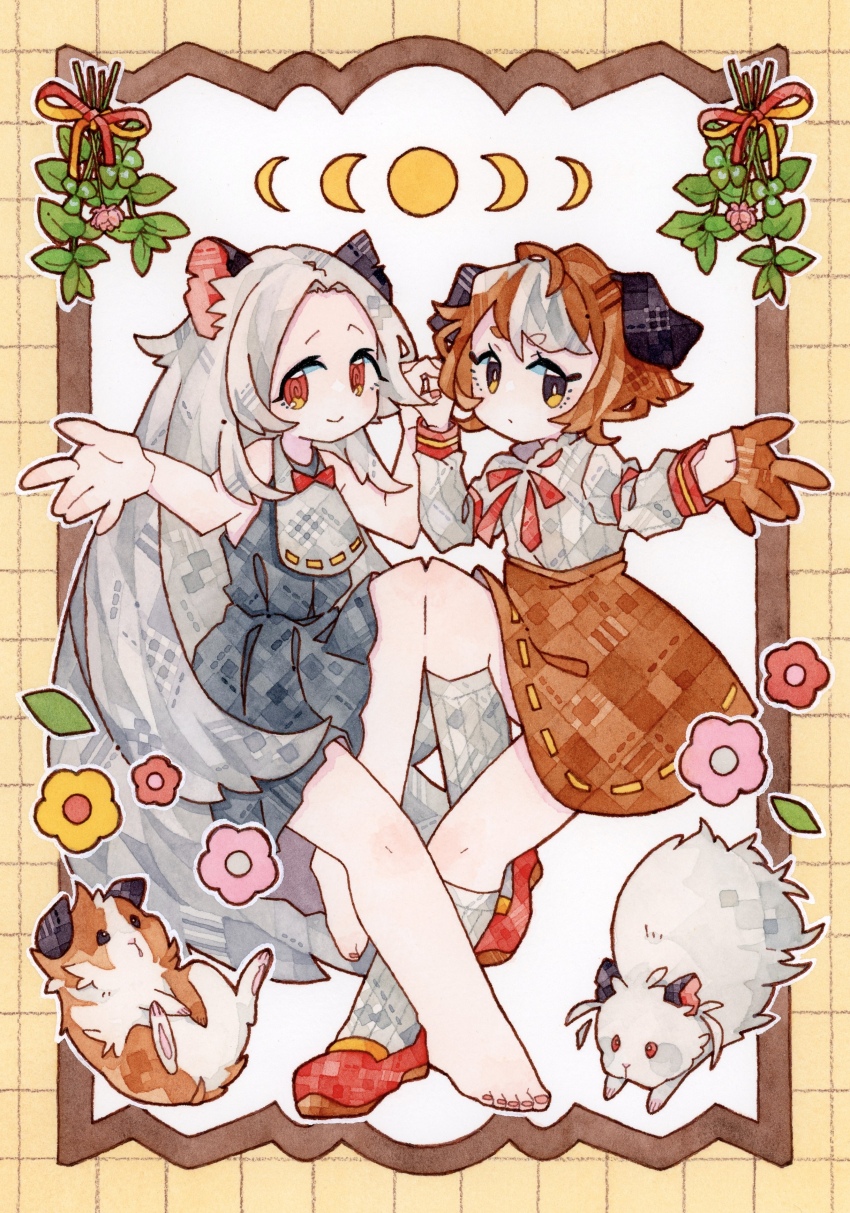 2girls, absurdres, animal_ears, barefoot, brown_gloves, brown_hair, brown_skirt, closed_mouth