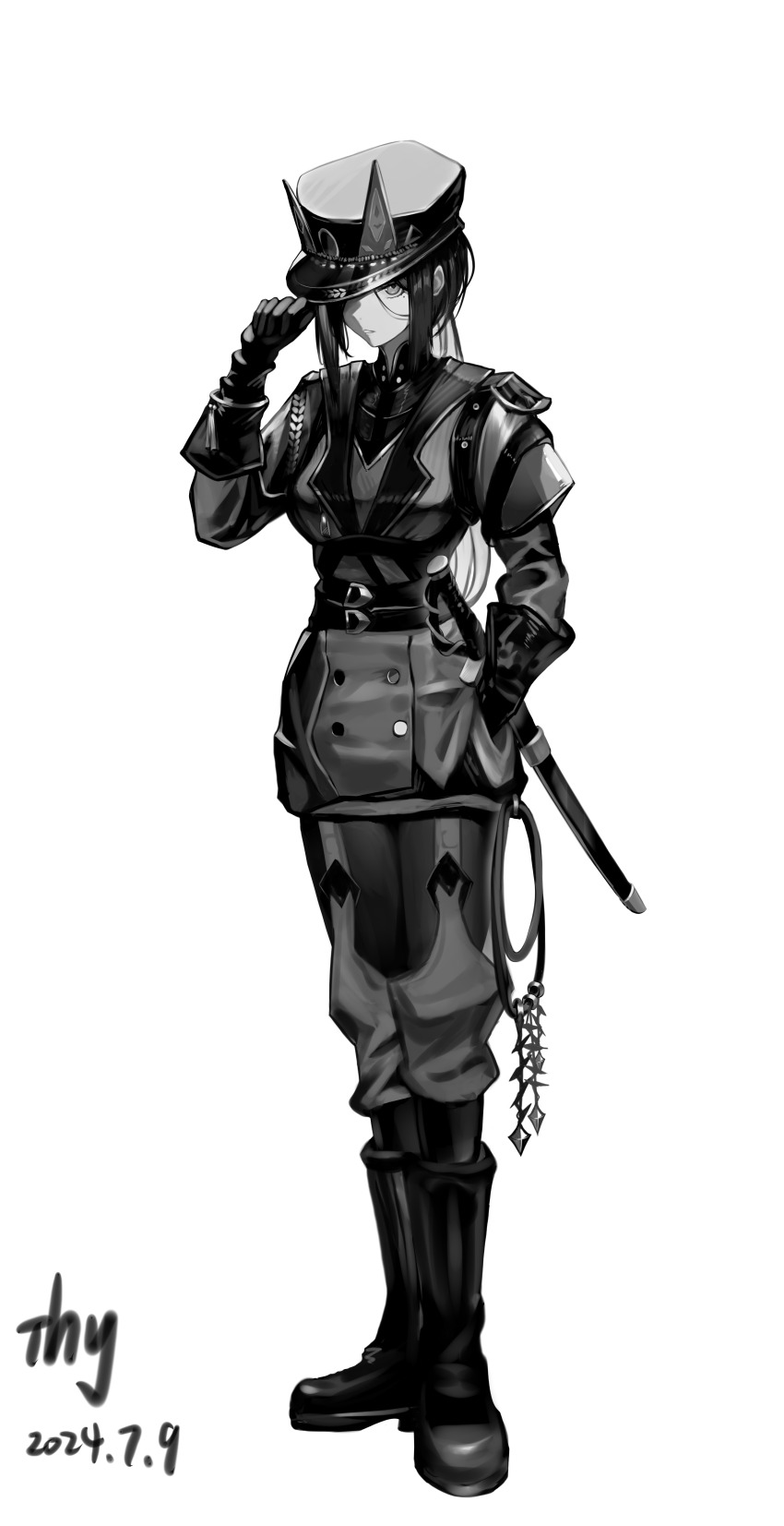 1girl, absurdres, adjusting_clothes, adjusting_headwear, alternate_costume, arknights, arm_up, belt, boots, chinese_commentary, commentary_request, dated, dobermann_(arknights), full_body, gloves, greyscale, hand_in_pocket, hat, highres, jacket, knee_boots, long_hair, long_sleeves, looking_at_viewer, military_jacket, mole, mole_under_eye, monochrome, one_eye_covered, pants, parted_lips, peaked_cap, sheath, sheathed, signature, sikadi_shigaoshou, simple_background, solo, standing, sword, weapon, whip, white_background
