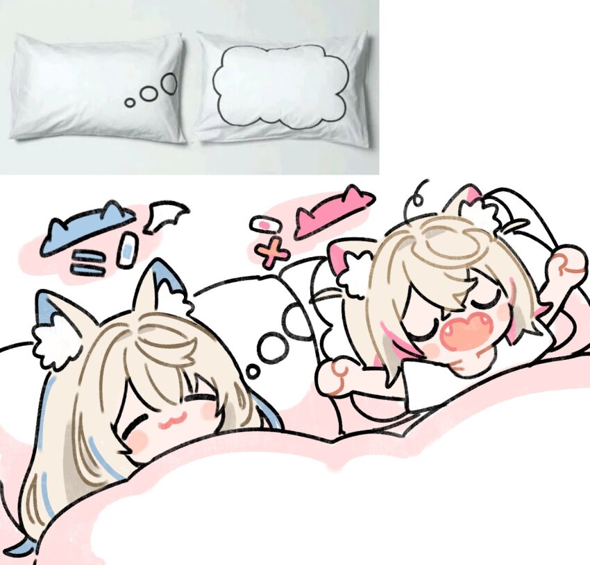 2girls, :3, animal_ear_fluff, animal_ears, blonde_hair, blue_hair, closed_eyes, dreaming_pillow_motif_(meme)