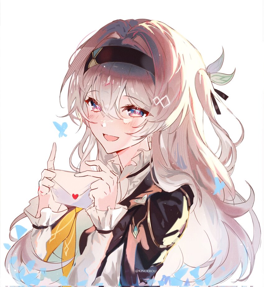 1girl, black_hairband, cropped_jacket, firefly_(honkai:_star_rail), grey_hair, hair_intakes, hairband, heart