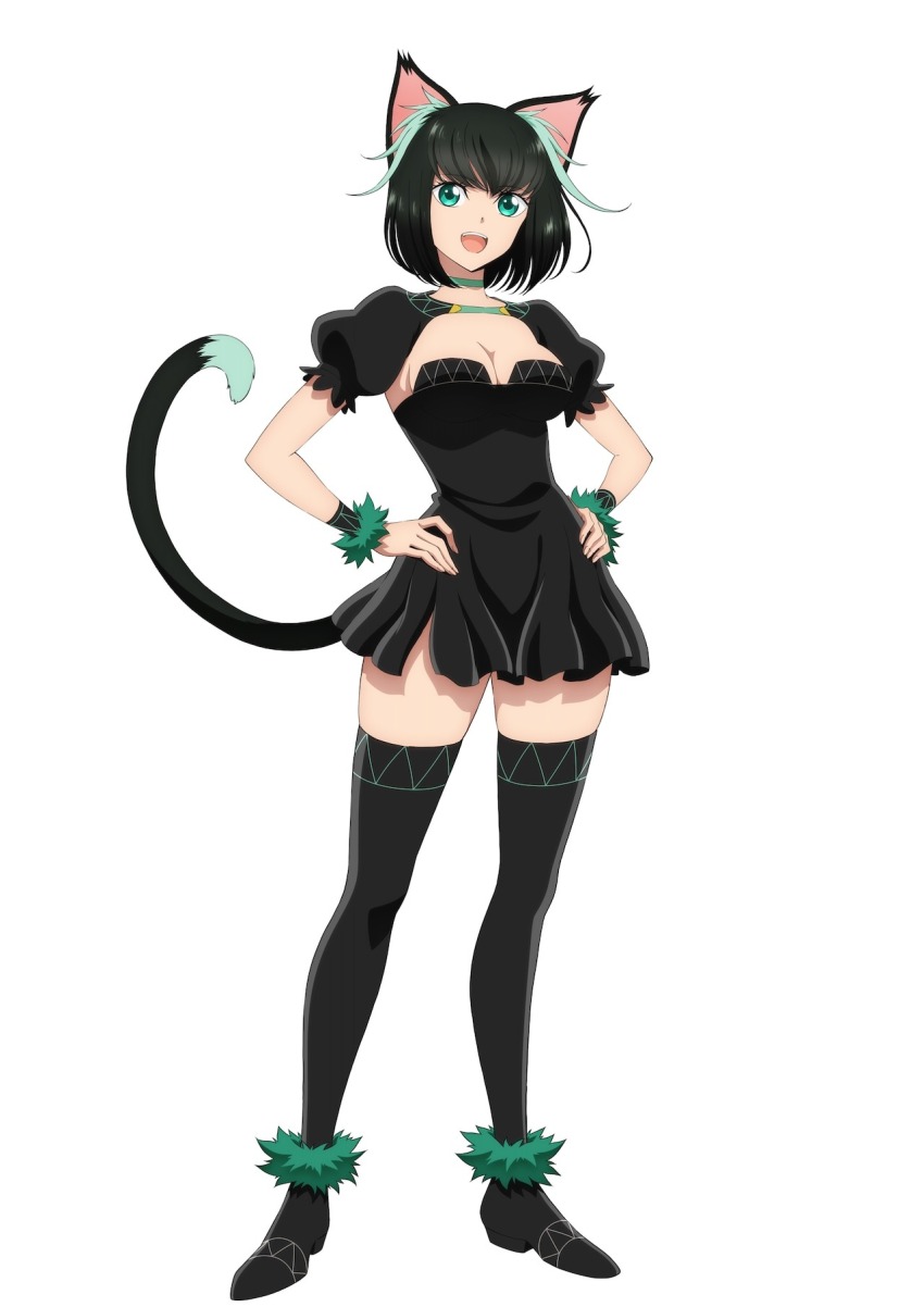 animal_ears, black_dress, black_hair, black_socks, bracelet, cat_ears, cat_girl, cat_tail, choker, dress, green_eyes, green_hair, highres, isekai_shikkaku, jewelry, long_hair, looking_at_viewer, matilda_(isekai_shikkaku), multicolored_hair, open_mouth, shoes, simple_background, smile, socks, tail, tama_(isekai_shikkaku), two-tone_hair, white_background