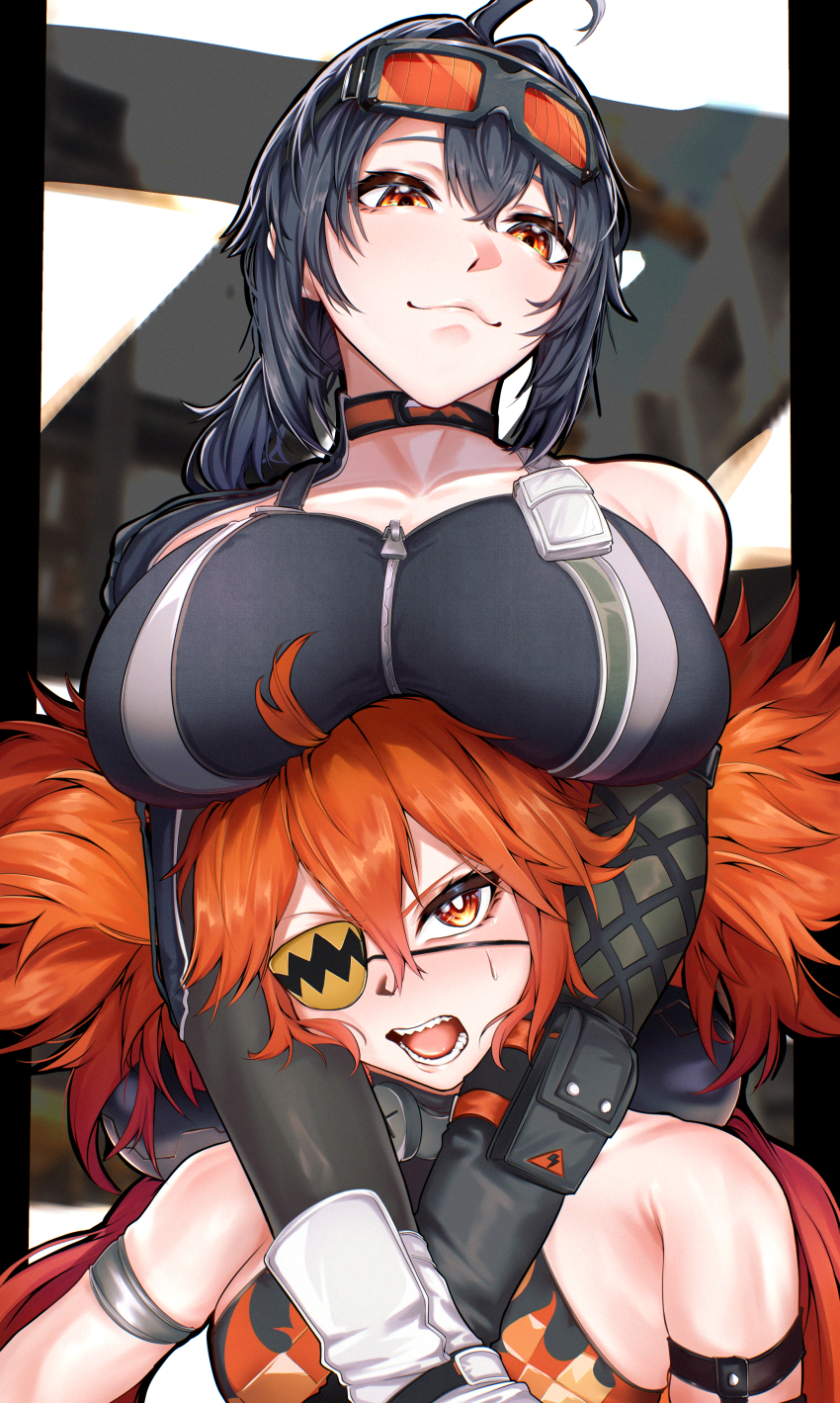 2girls, absurdres, ahoge, bare_shoulders, black_choker, black_hair, breast_rest, breasts, breasts_on_head, bright_pupils, choker, cleavage, collarbone, eyepatch, goggles, goggles_on_head, grace_howard, hair_between_eyes, highres, indoor_gorilla, koleda_belobog, large_breasts, long_hair, looking_at_viewer, medium_hair, multiple_girls, open_mouth, red_eyes, red_hair, teeth, white_pupils, zenless_zone_zero