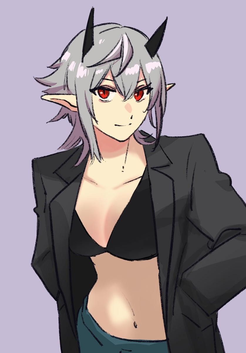 1girl, billyonthestraw, black_jacket, blue_pants, bra, breasts, cleavage, hair_between_eyes