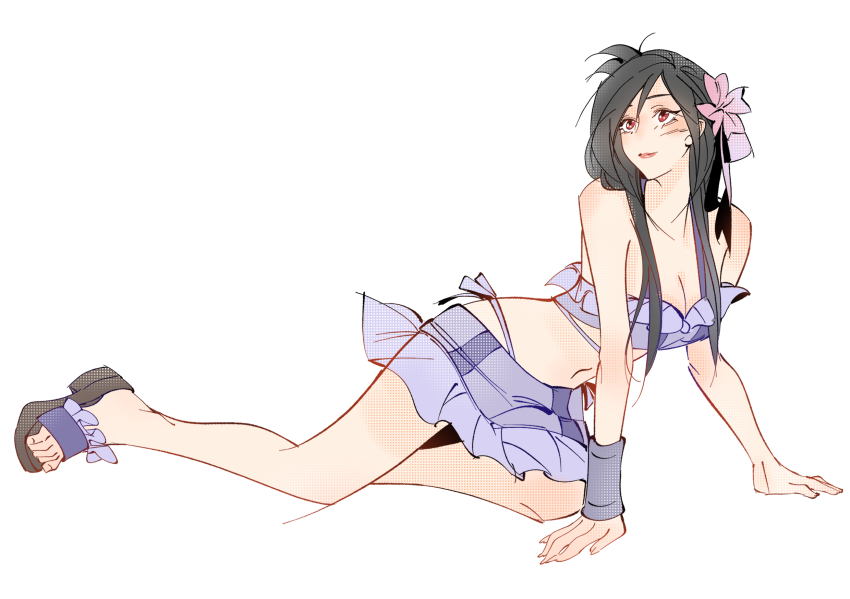 1girl, all_fours, bare_shoulders, bikini, bikini_skirt, black_hair, blush, breasts