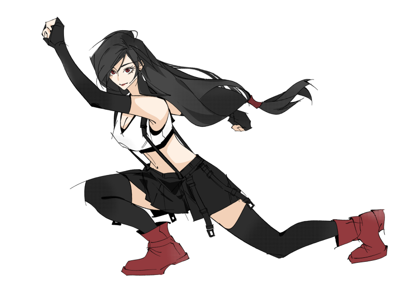 1girl, bare_shoulders, black_bra, black_gloves, black_hair, black_skirt, black_thighhighs, bra