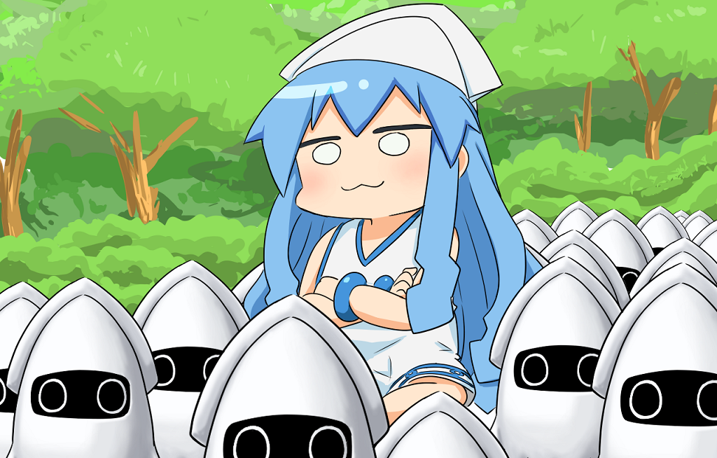 1girl, :3, blooper_(mario), blue_hair, crossed_arms, dinonix, ikamusume, long_hair