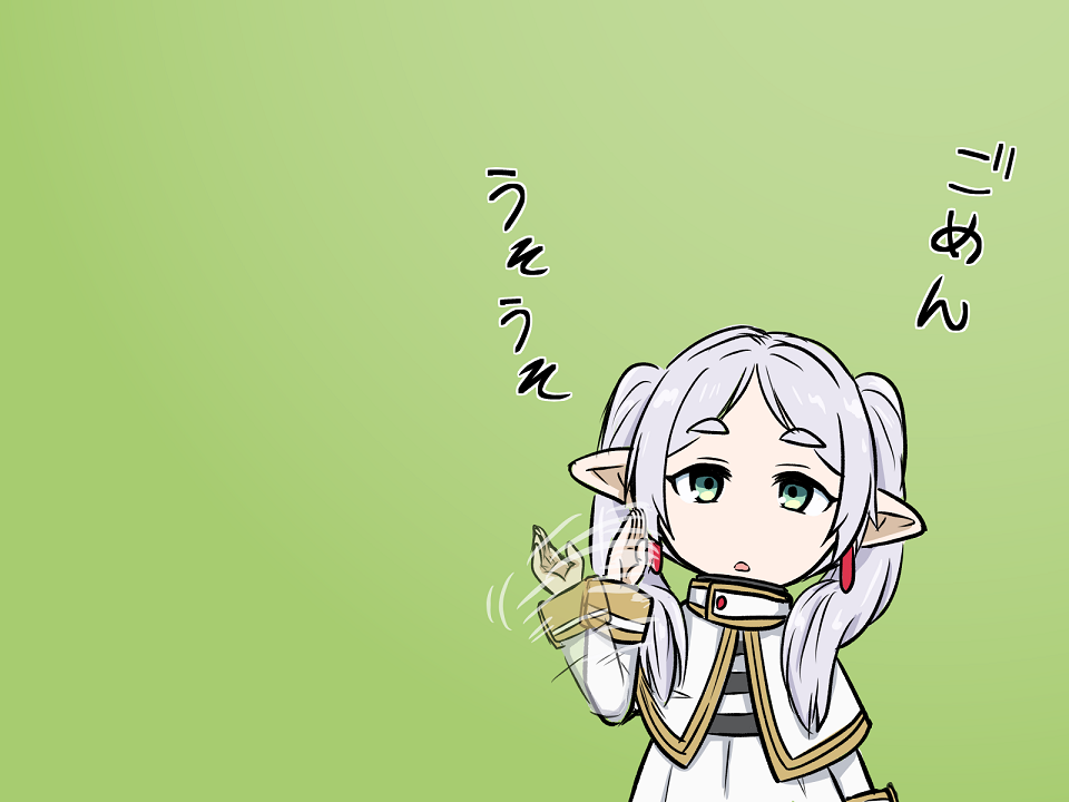 1girl, afterimage, chibi, dinonix, elf, frieren, green_eyes, long_hair