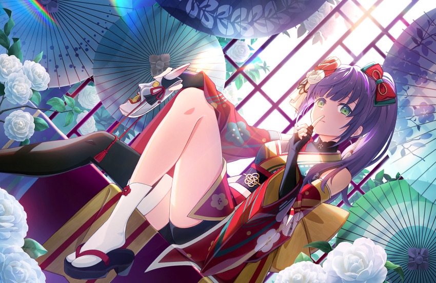 1girl, black_gloves, black_sandals, black_shorts, black_thighhighs, bow, detached_sleeves, dutch_angle