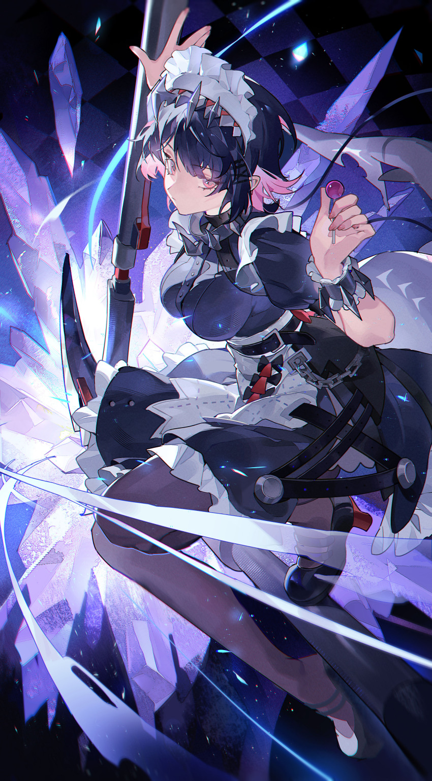 1girl, absurdres, black_dress, black_hair, candy, closed_mouth, crystal, dress