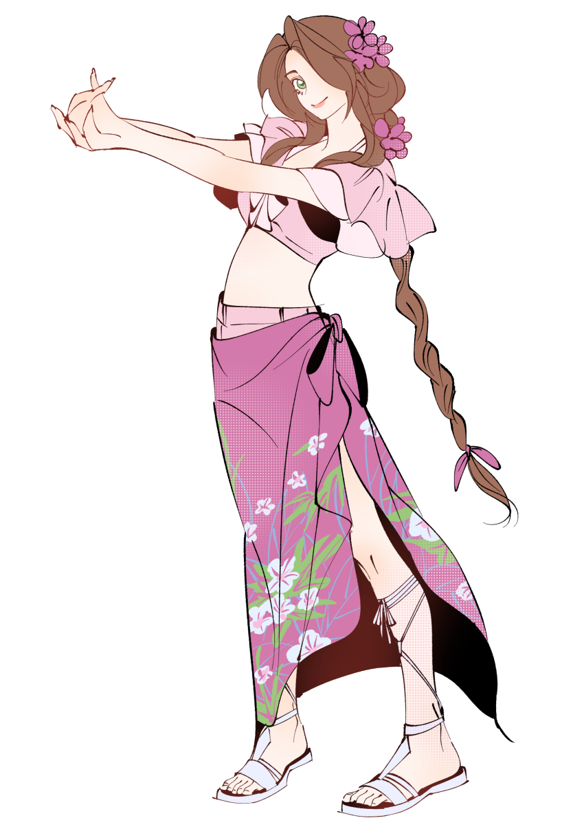 absurdres, aerith_gainsborough, aerith_gainsborough_(floral_delight), braid, braided_ponytail, breasts, brown_hair, crop_top