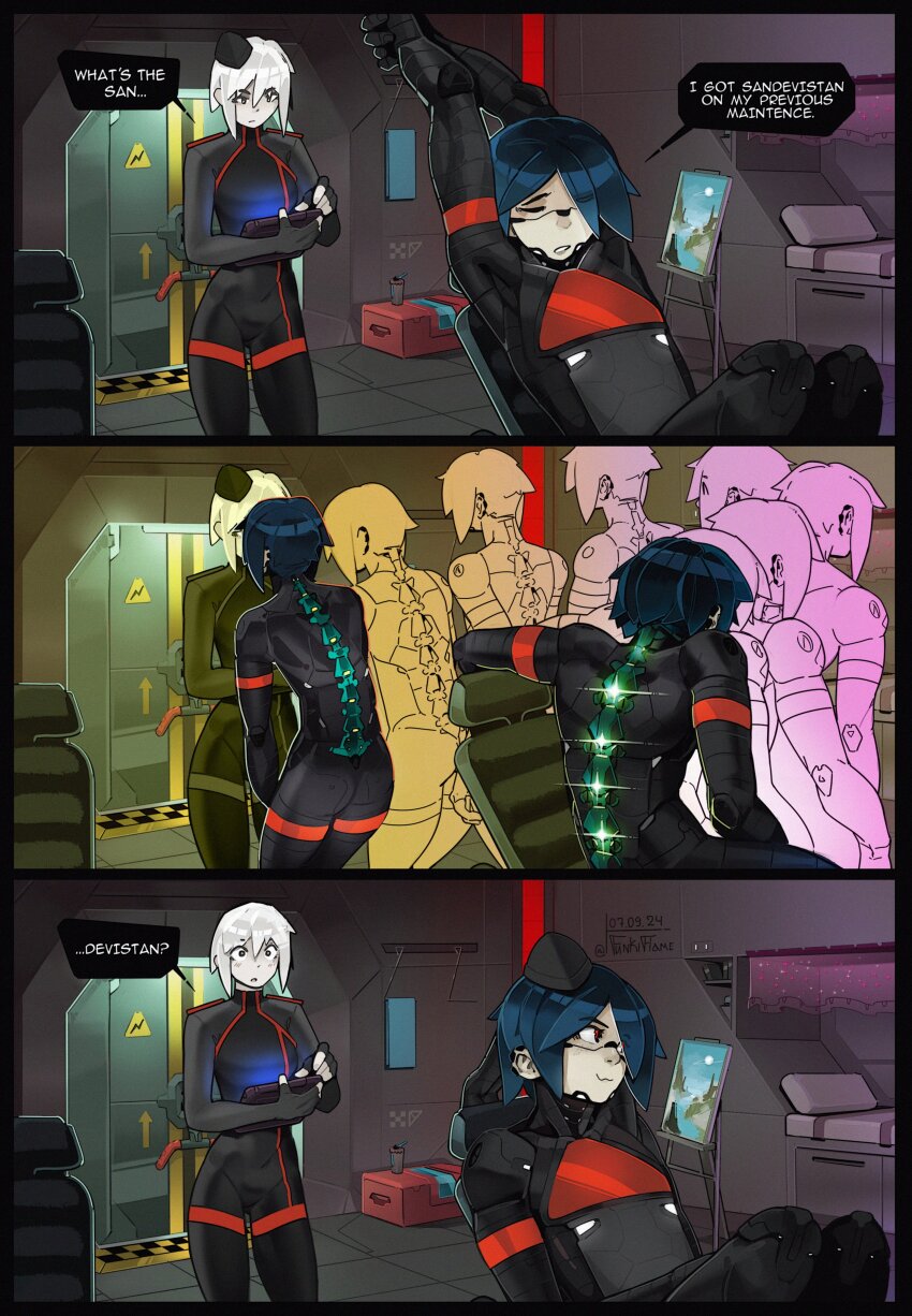 2girls, absurdres, afterimage, alternate_eye_color, android, ariane_yeong, bed, black_bodysuit