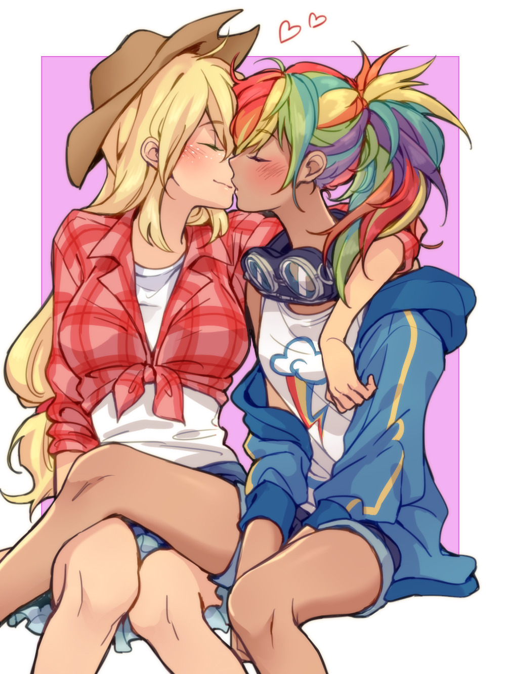 2girls, applejack, applejack_(bishoujo), bare_legs, blonde_hair, blue_hoodie, blush, border, breasts, closed_eyes, commentary, couple, cutie_mark, dcon_34, denim, denim_shorts, feet_out_of_frame, freckles, goggles, goggles_around_neck, hat, heart, highres, hood, hood_down, hoodie, kiss, kotobukiya_bishoujo, long_hair, multicolored_hair, multiple_girls, my_little_pony, my_little_pony:_friendship_is_magic, personification, ponytail, purple_background, rainbow_dash, rainbow_dash_(bishoujo), rainbow_hair, shirt, shorts, sitting, untranslatable_commentary, tan, tank_top, tied_shirt, very_long_hair, white_border, white_tank_top, yuri