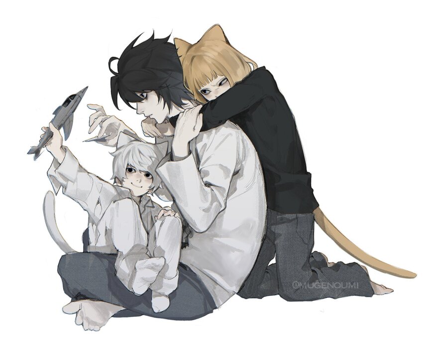 3boys, animal_ears, arms_around_neck, bags_under_eyes, barefoot, black_hair, black_shirt, blonde_hair