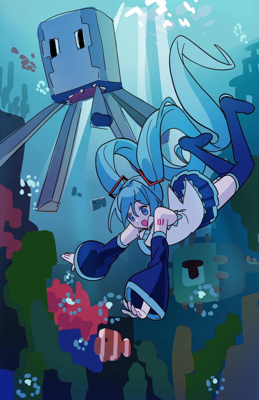 1girl, absurdres, aqua_eyes, aqua_hair, aqua_necktie, bare_shoulders, black_boots, black_skirt