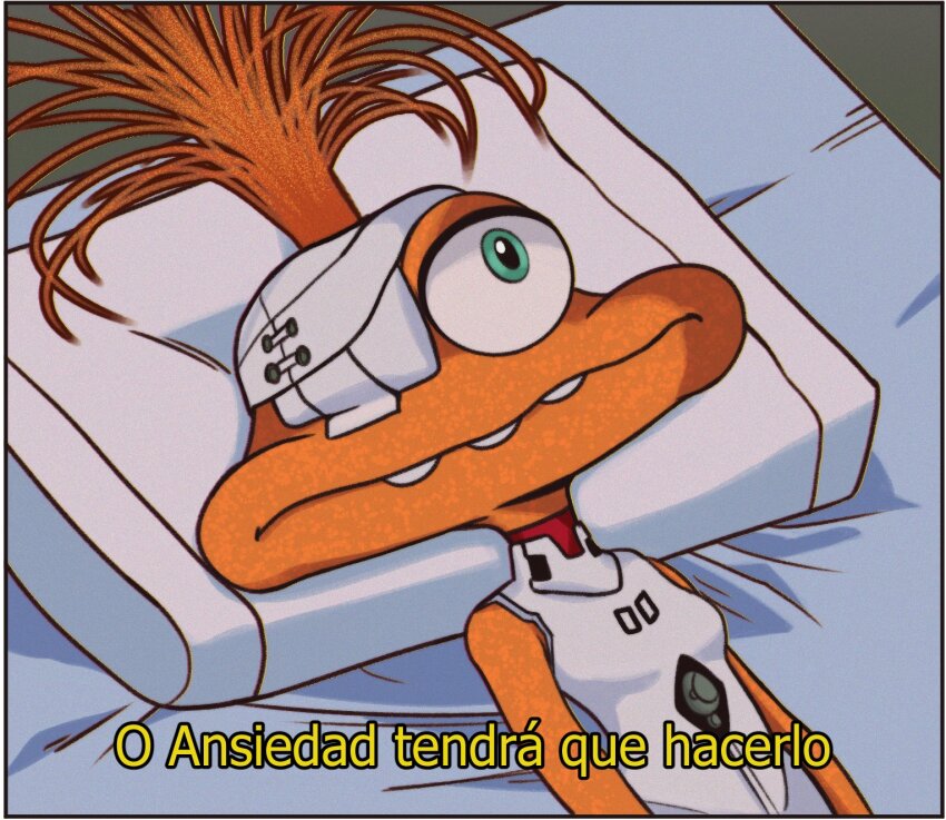 1girl, anxiety_(inside_out_2), bandage_over_one_eye, bandages, bed, colored_skin, crossover, feet_out_of_frame