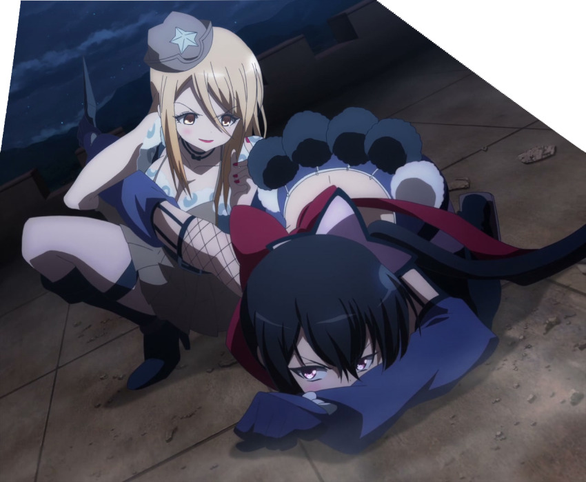 10s, 2girls, angry, anime_screenshot, bikini, bikini_top_only, black_hair, blonde_hair