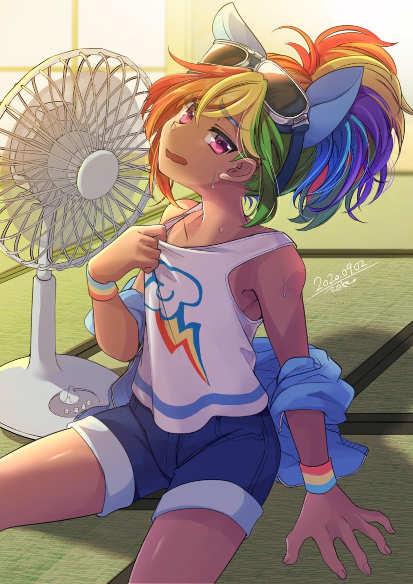 1girl, animal_ears, blue_hoodie, clothes_pull, commentary_request, cutie_mark, dark-skinned_female, dark_skin