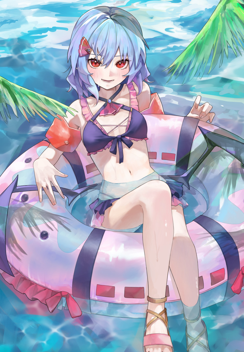 1girl, absurdres, bare_shoulders, bebebel_a, bikini, black_bikini, blue_hair, breasts