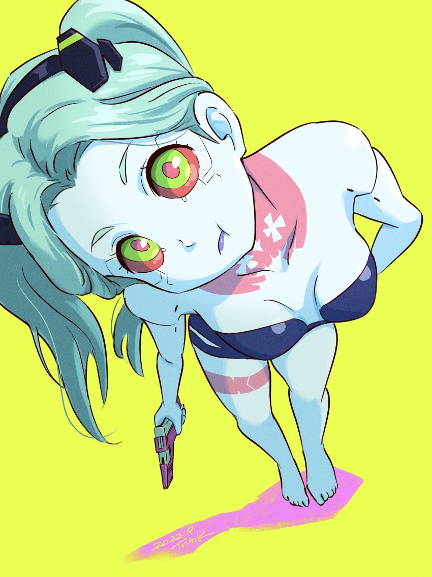 1girl, :t, absurdres, artificial_eye, barefoot, black_bra, black_panties, bra, breasts, closed_mouth, colored_sclera, colored_skin, cyberpunk_(series), cyberpunk:_edgerunners, green_hair, gun, handgun, head_tilt, highres, holding, holding_weapon, leg_tattoo, long_hair, looking_at_viewer, single_mechanical_eye, neck_tattoo, panties, perspective, purple_lips, rebecca_(cyberpunk), red_pupils, red_sclera, sign, simple_background, small_breasts, solo, tattoo, tsunemoku, twintails, underwear, underwear_only, weapon, white_skin, yellow_background, yellow_eyes