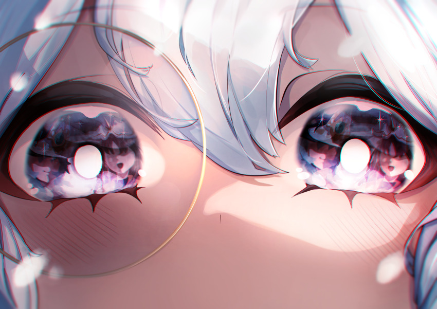 1girl, absurdres, astellar_of_the_white_forest, blush, c_civciv, close-up, diabellstar_the_black_witch, duel_monster, eye_focus, grey_hair, hair_between_eyes, highres, monocle, reflection, rucia_of_the_white_forest, silvy_of_the_white_forest, solo, yu-gi-oh!