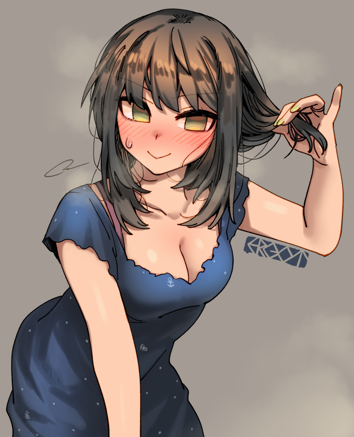 1girl, anchor_symbol, arm_support, blue_dress, blush, bra_strap, breasts, brown_hair