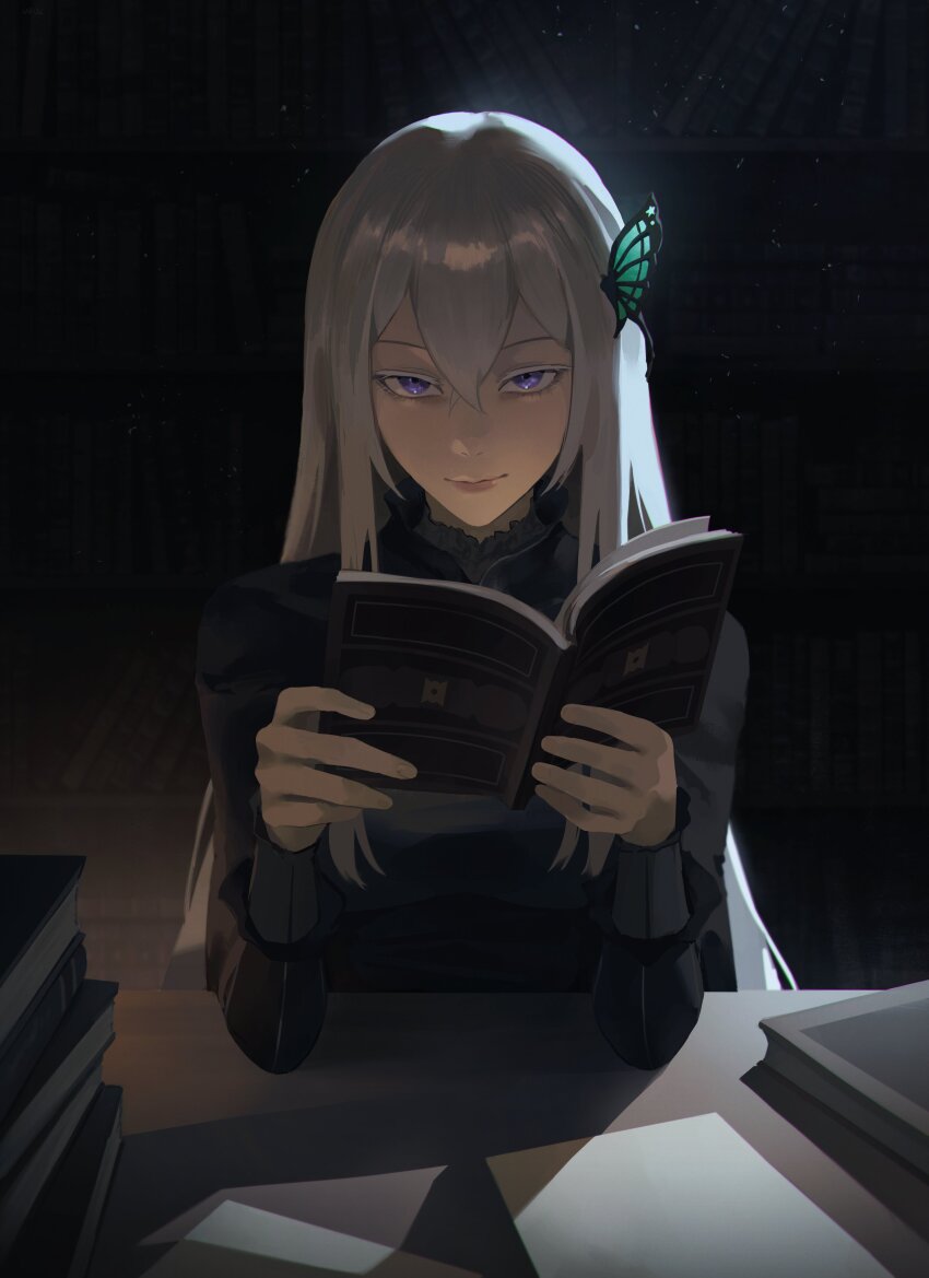 1girl, absurdres, black_dress, book, book_stack, bug, butterfly, butterfly_hair_ornament