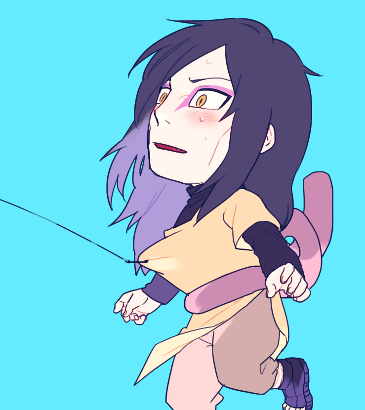 black_hair, blue_background, blush, chibi, embarrassed, eyeliner, fang, fish_hook