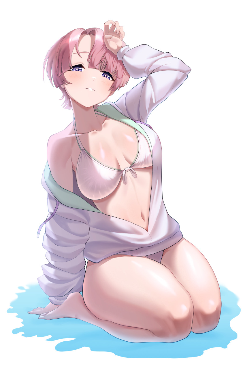 1girl, absurdres, arimura_mao, asymmetrical_bangs, bare_legs, barefoot, bikini, blunt_bangs